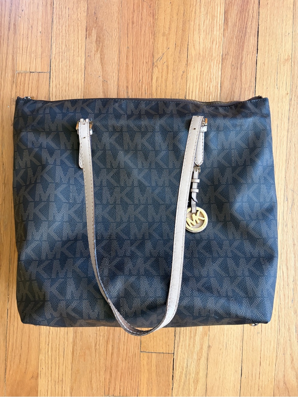 Michael Kors Black MK Logo Tote with Cream Straps